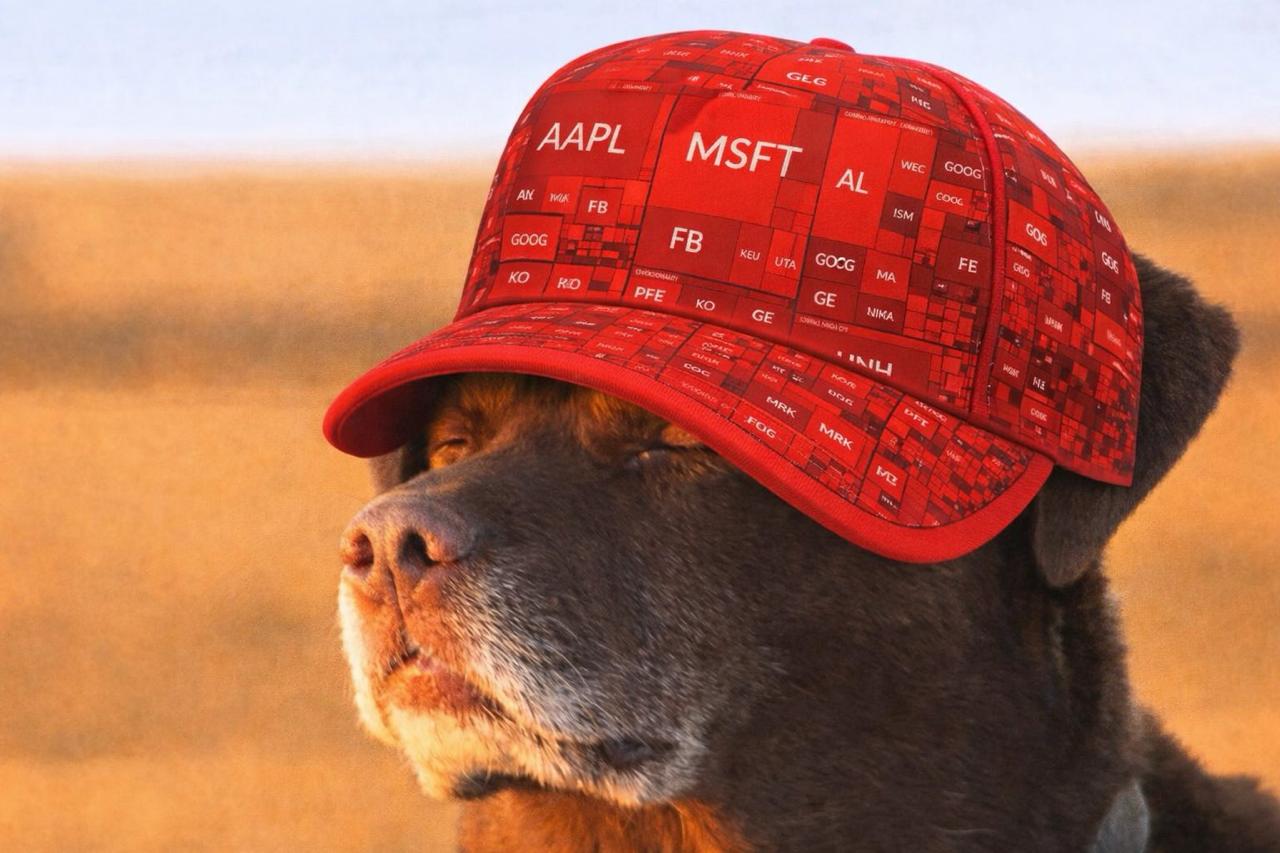 Stoic-looking dog wearing a red cap covered in falling stock tickers, used for calm acceptance of a portfolio deep in the red.