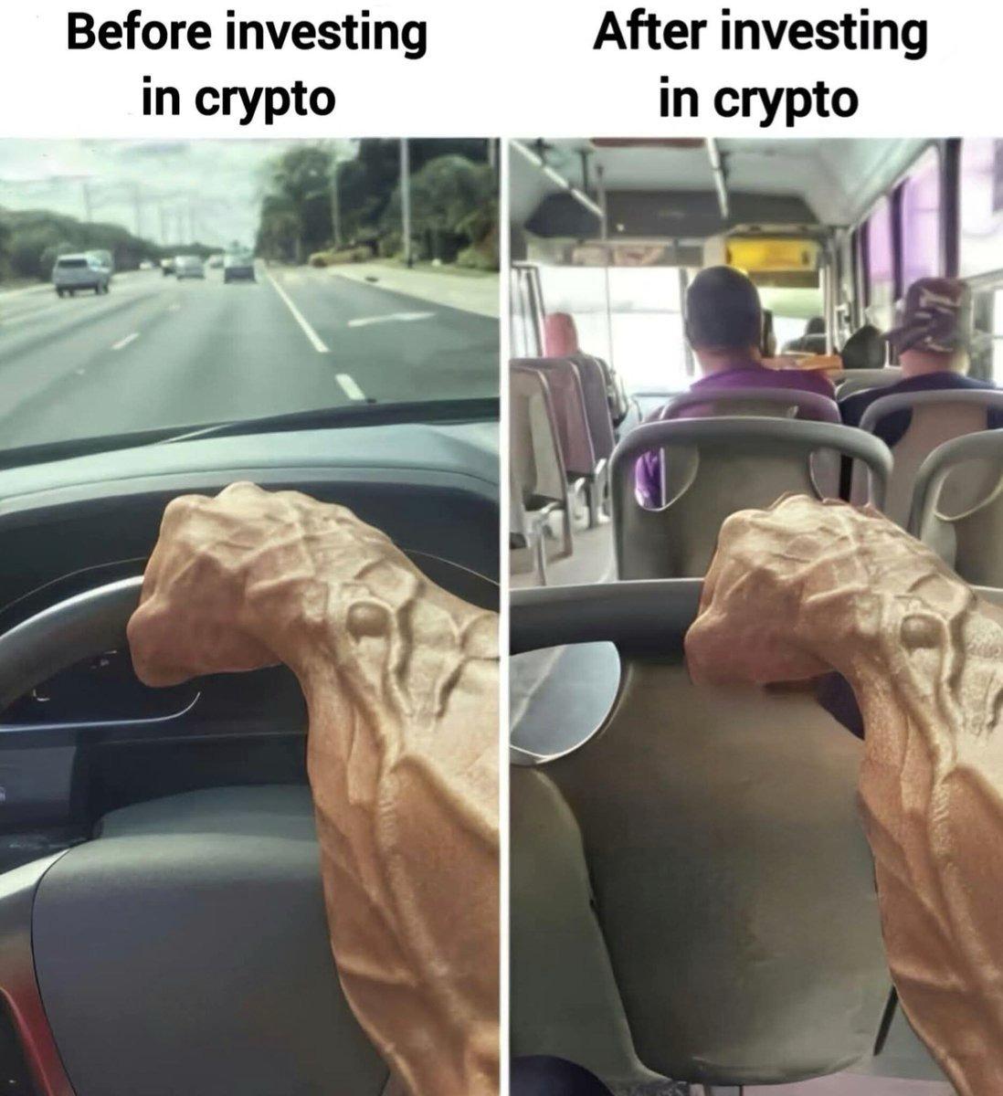 Two-panel meme, hands on a car steering wheel before investing in crypto and hands on a bus handrail after investing in crypto.