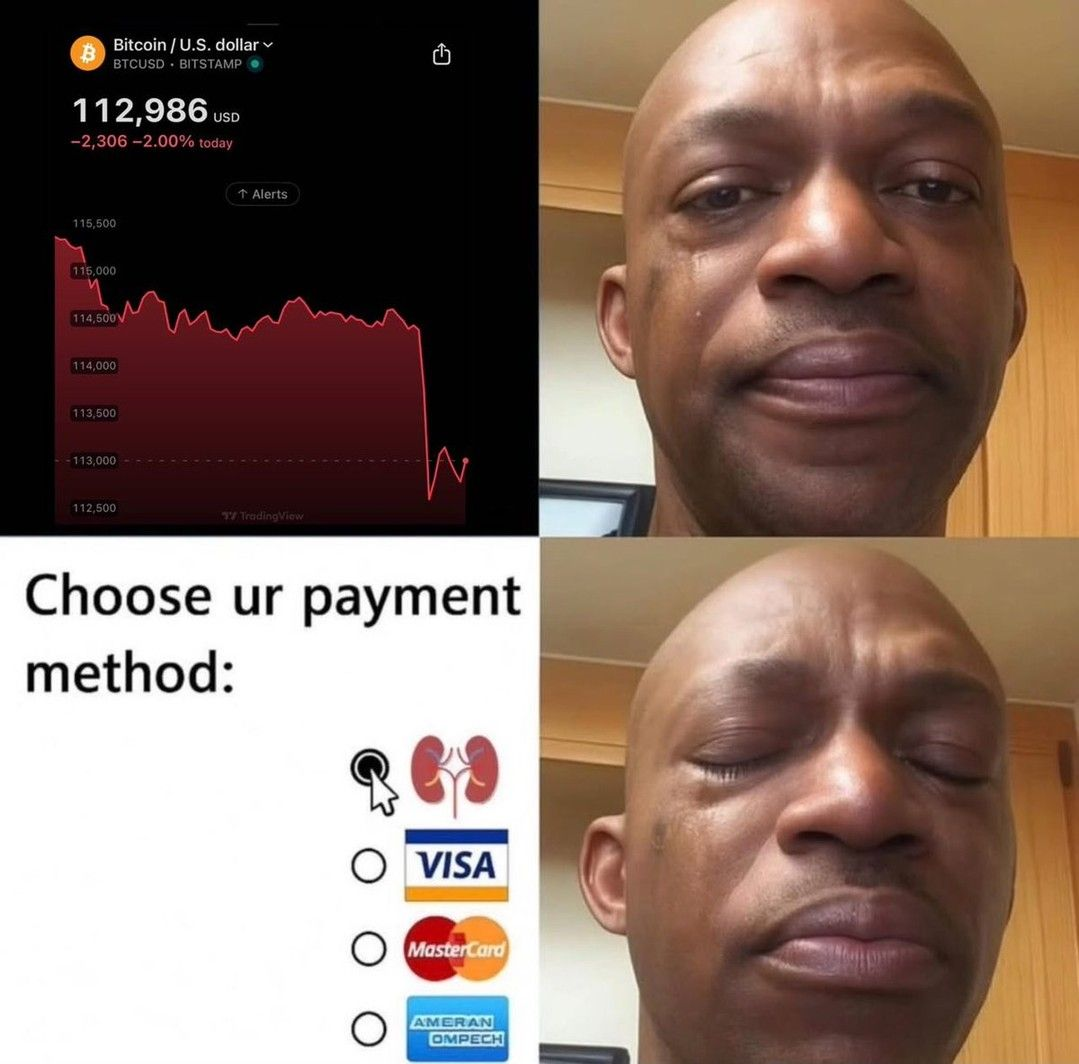 Four-panel meme, a crashing Bitcoin chart and a crying man, next to a choose your payment method list where kidneys are selected instead of a credit card.