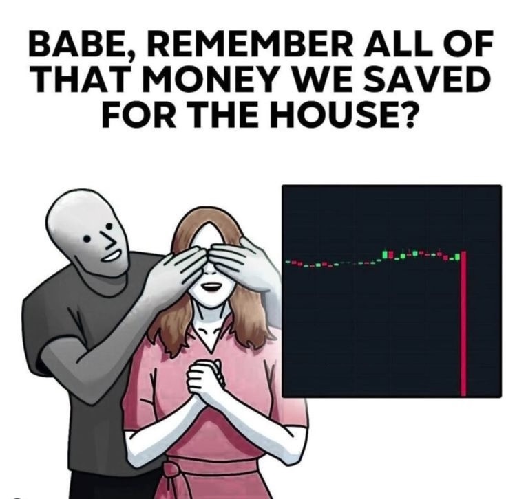 Boyfriend covering his partner's eyes captioned about the money they saved for a house, revealing a crypto chart that has crashed straight down.