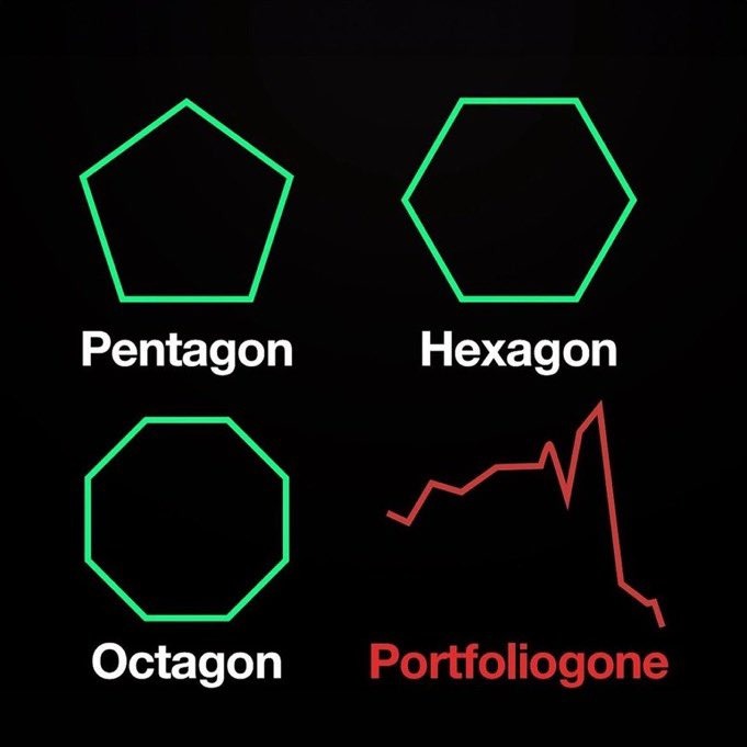 Shapes meme showing pentagon, hexagon, octagon and a crashing red chart labeled portfoliogone.