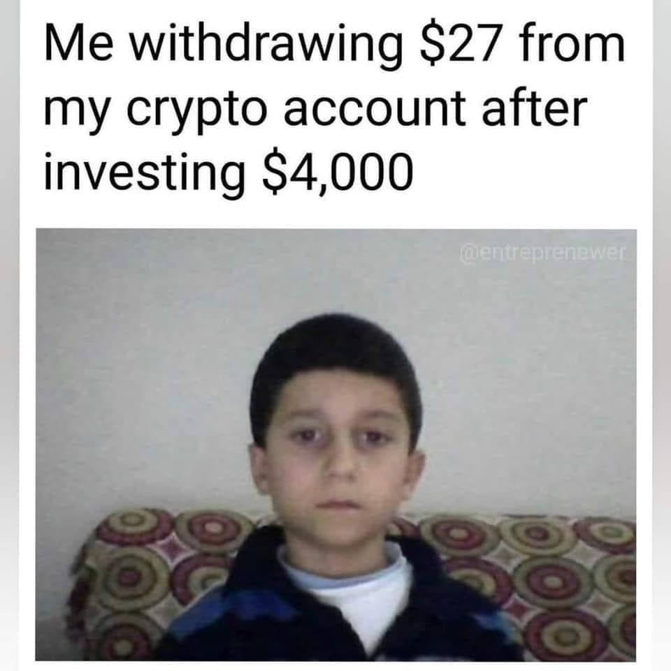 Young boy with a blank, hollow thousand-yard stare, captioned about withdrawing 27 dollars after investing 4,000 in crypto.