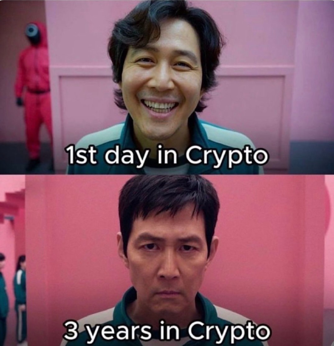 Two-panel Squid Game meme, a smiling man labeled 1st day in crypto above the same man looking wrecked labeled 3 years in crypto.