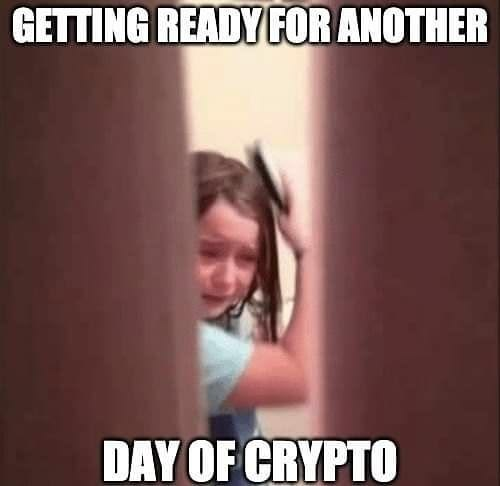 Young girl crying while brushing her hair captioned getting ready for another day of crypto, used for the daily emotional toll of the market.