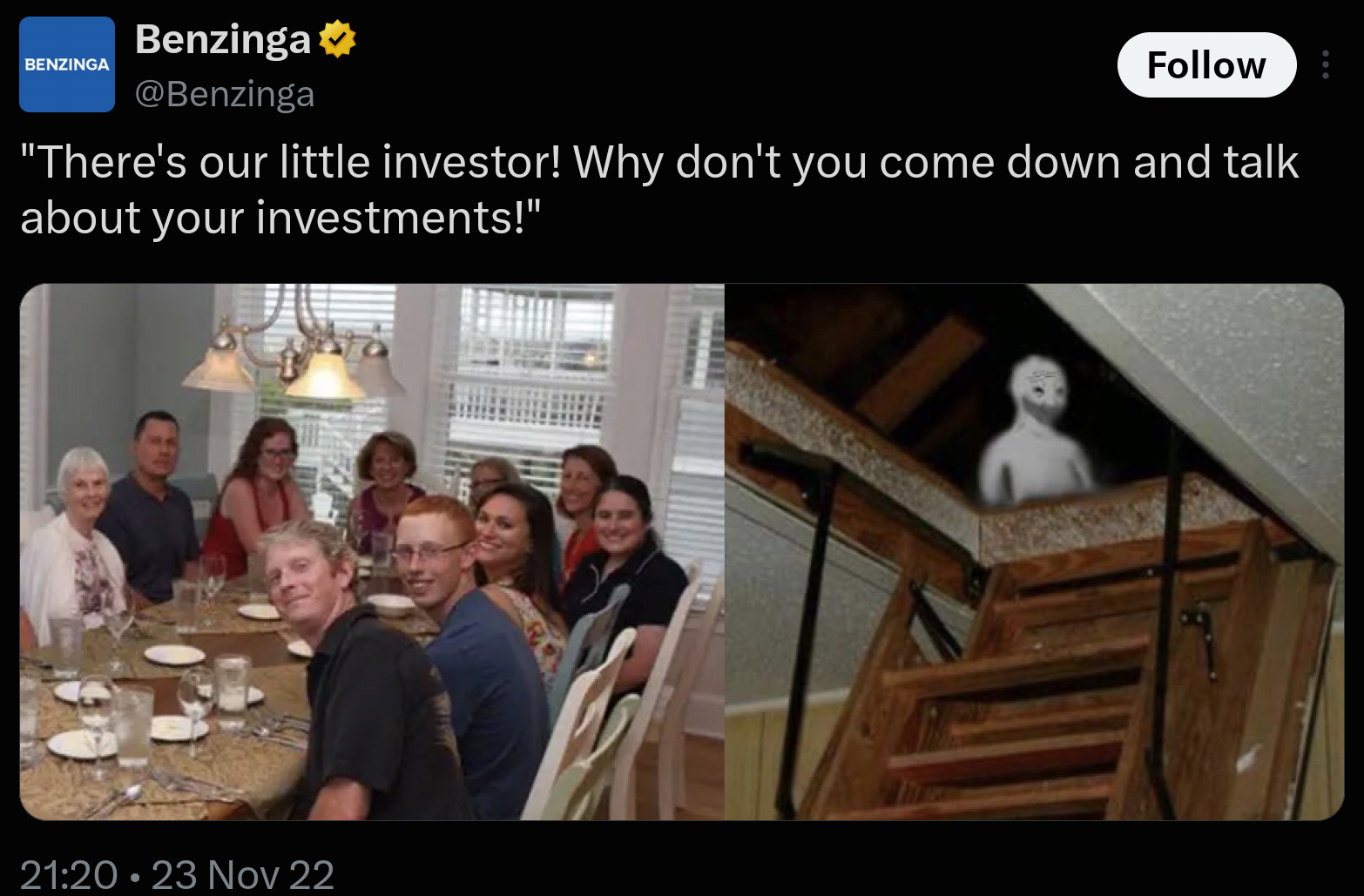 A family at dinner beside a person hiding in the attic
