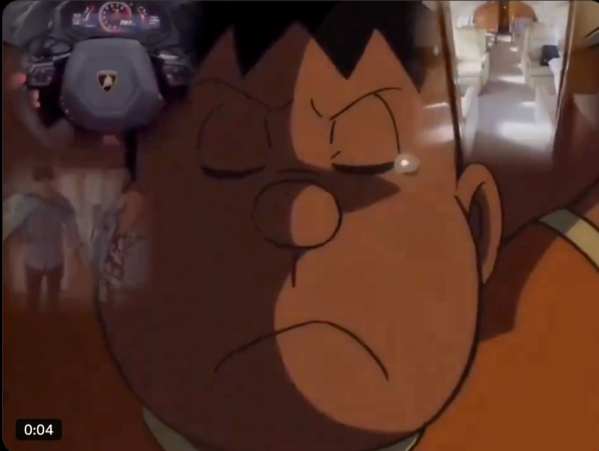 Doraemon character Nobita looking stressed in bed, in a tweet about being in crypto since 2021 and still not rich.
