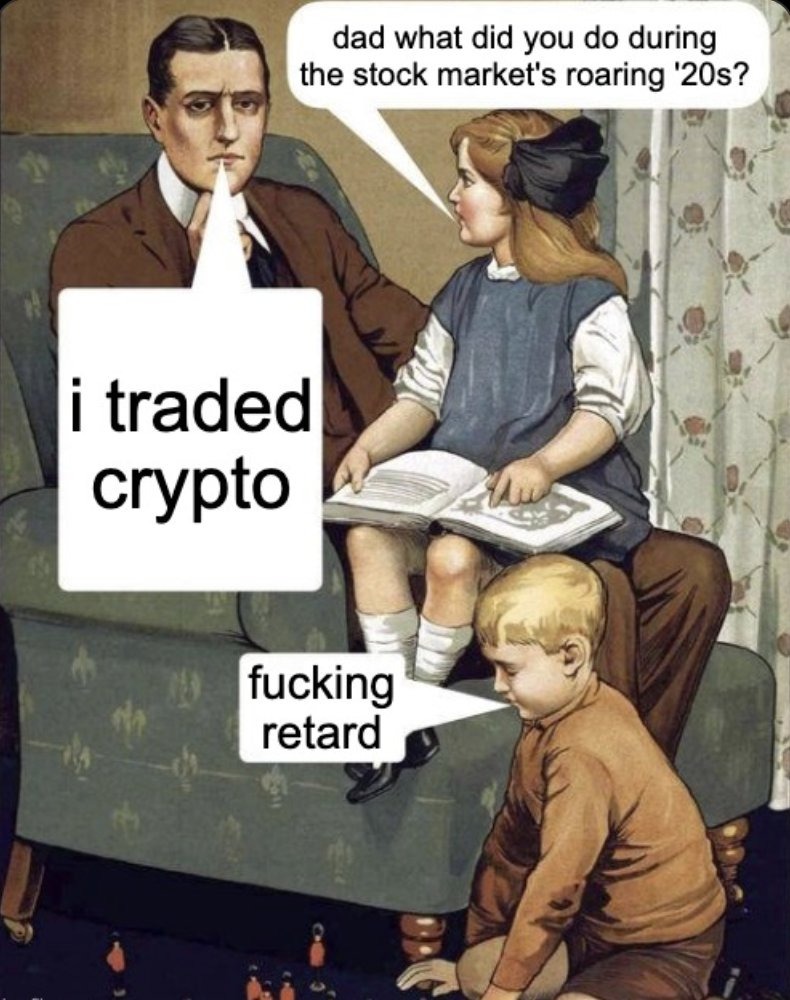 Vintage illustration meme, a father saying i traded crypto and his young child insulting him for it.