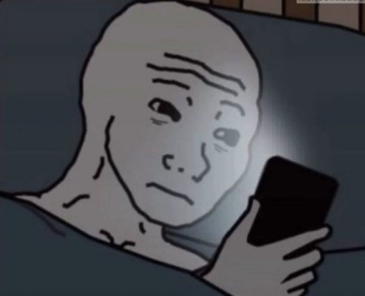 Sad cartoon man lying in bed staring at his phone in the dark, used for late-night chart checking.