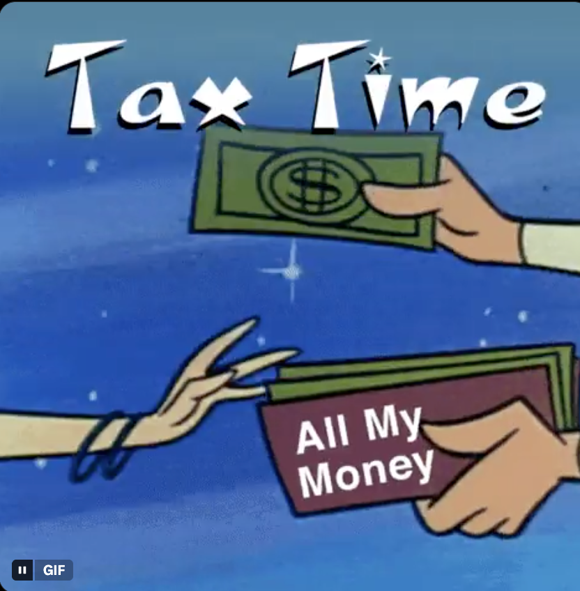 Cartoon of an IRS hand snatching a wallet labeled all my money