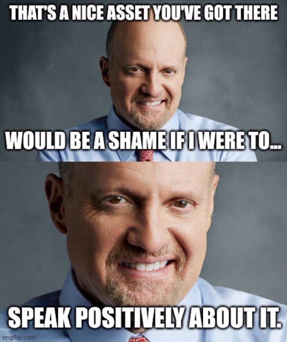 Two-panel Jim Cramer meme threatening to speak positively about an asset, referencing the inverse Cramer curse.