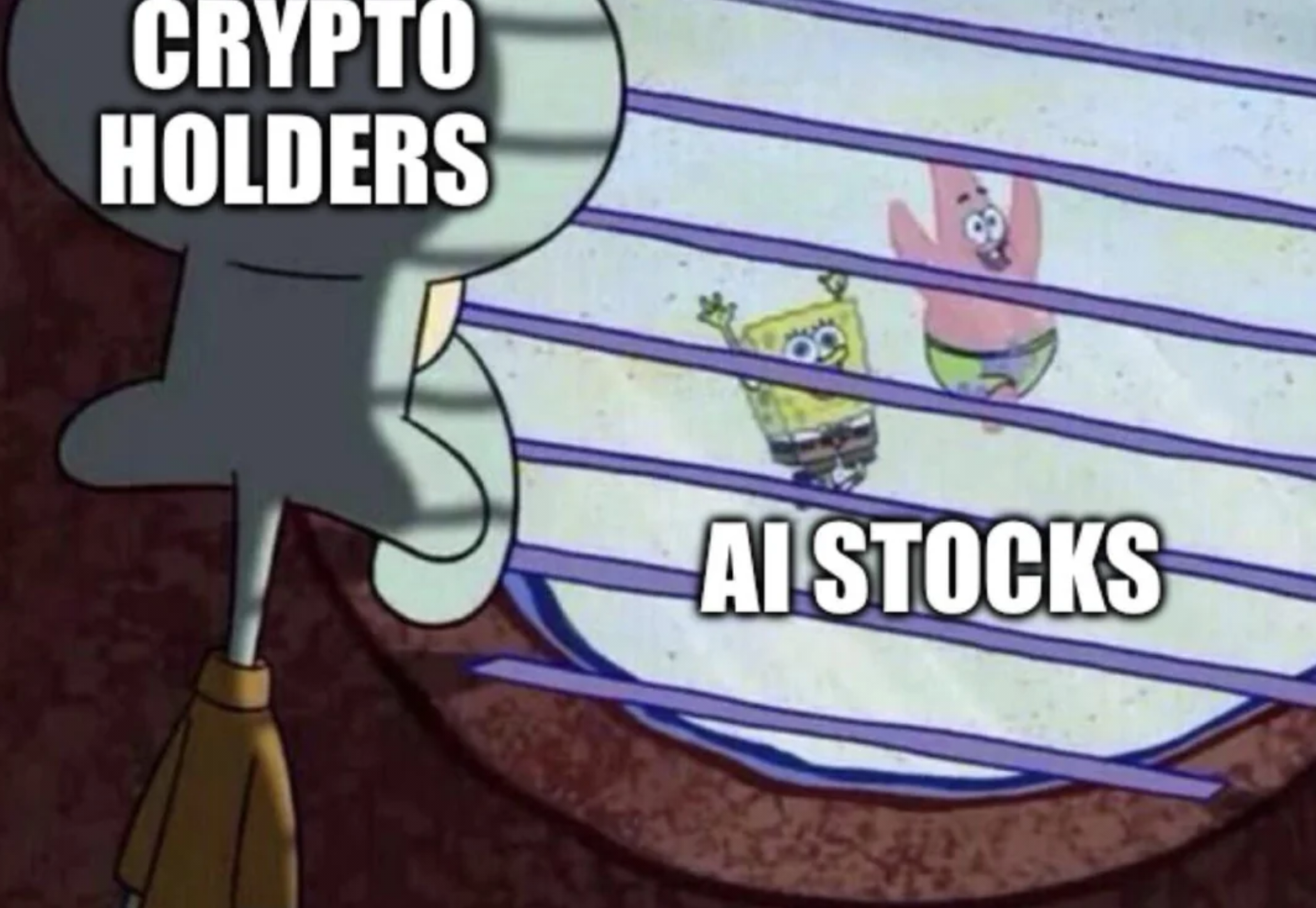 Squidward looking through blinds labeled crypto holders at SpongeBob and Patrick partying labeled AI stocks.