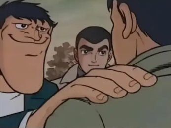 Anime character patting his hand on another person's shoulder, used to indicate playful or sarcastic reassurance.