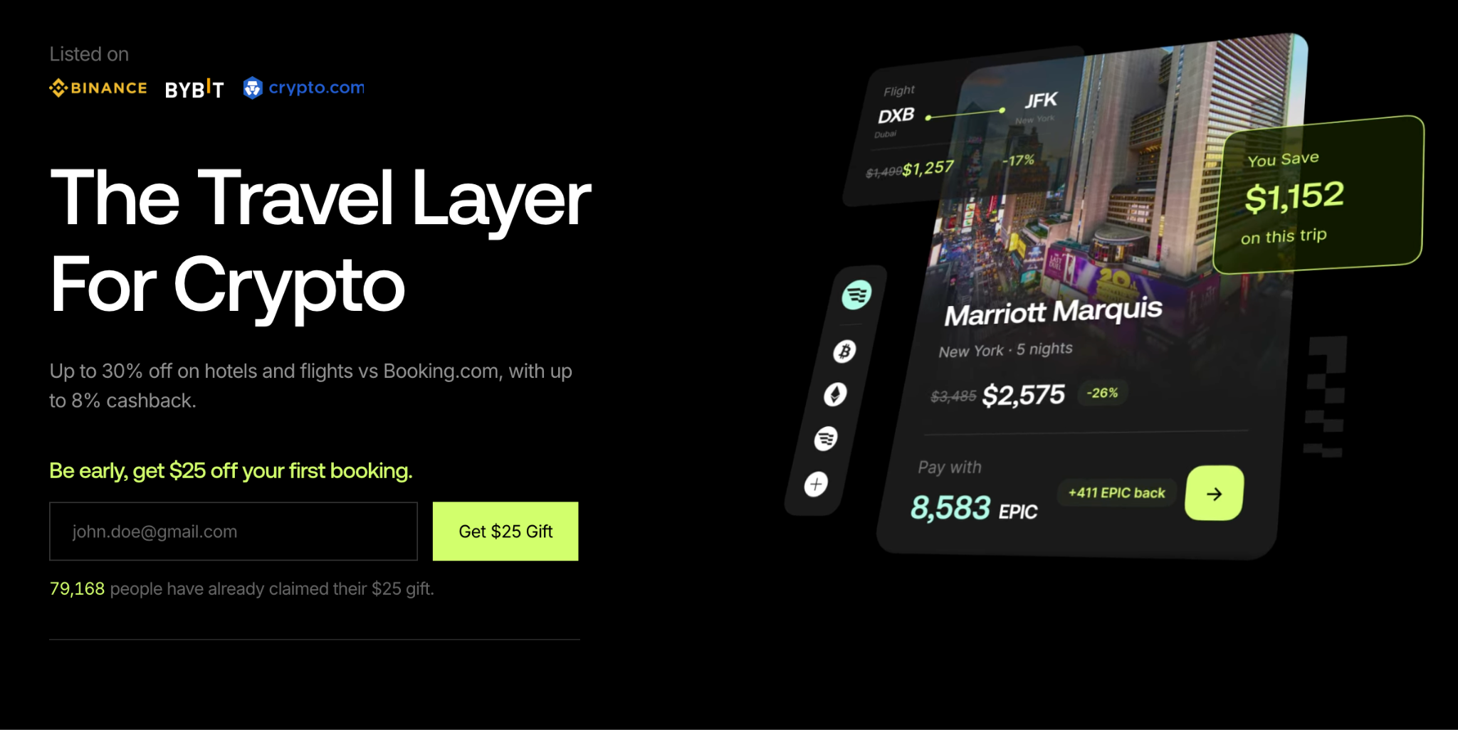 Epic crypto travel platform interface booking hotels flights