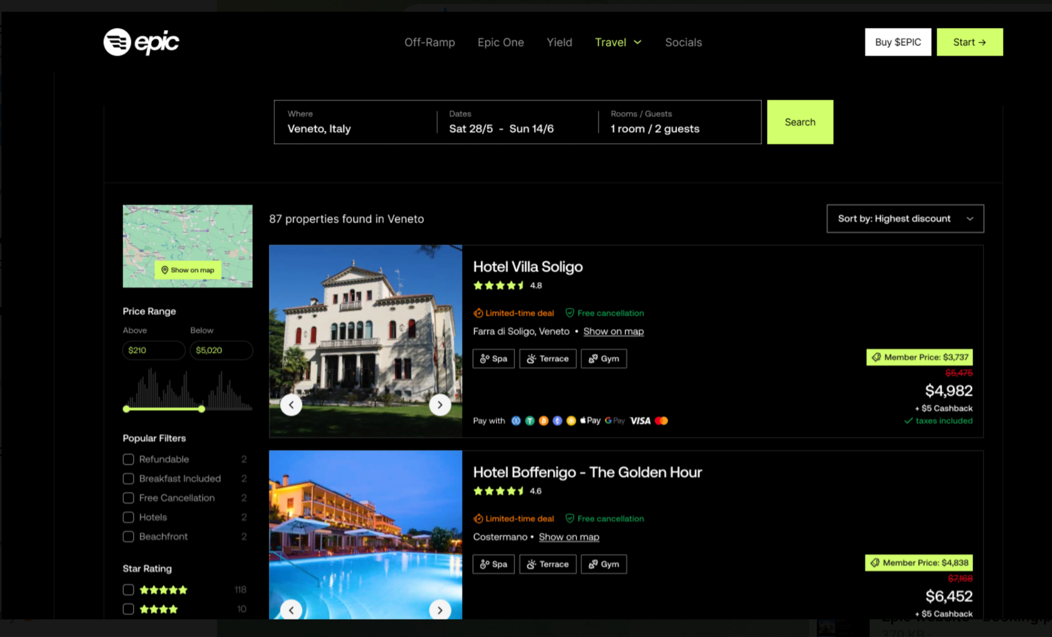 Epic travel platform hotel search interface
