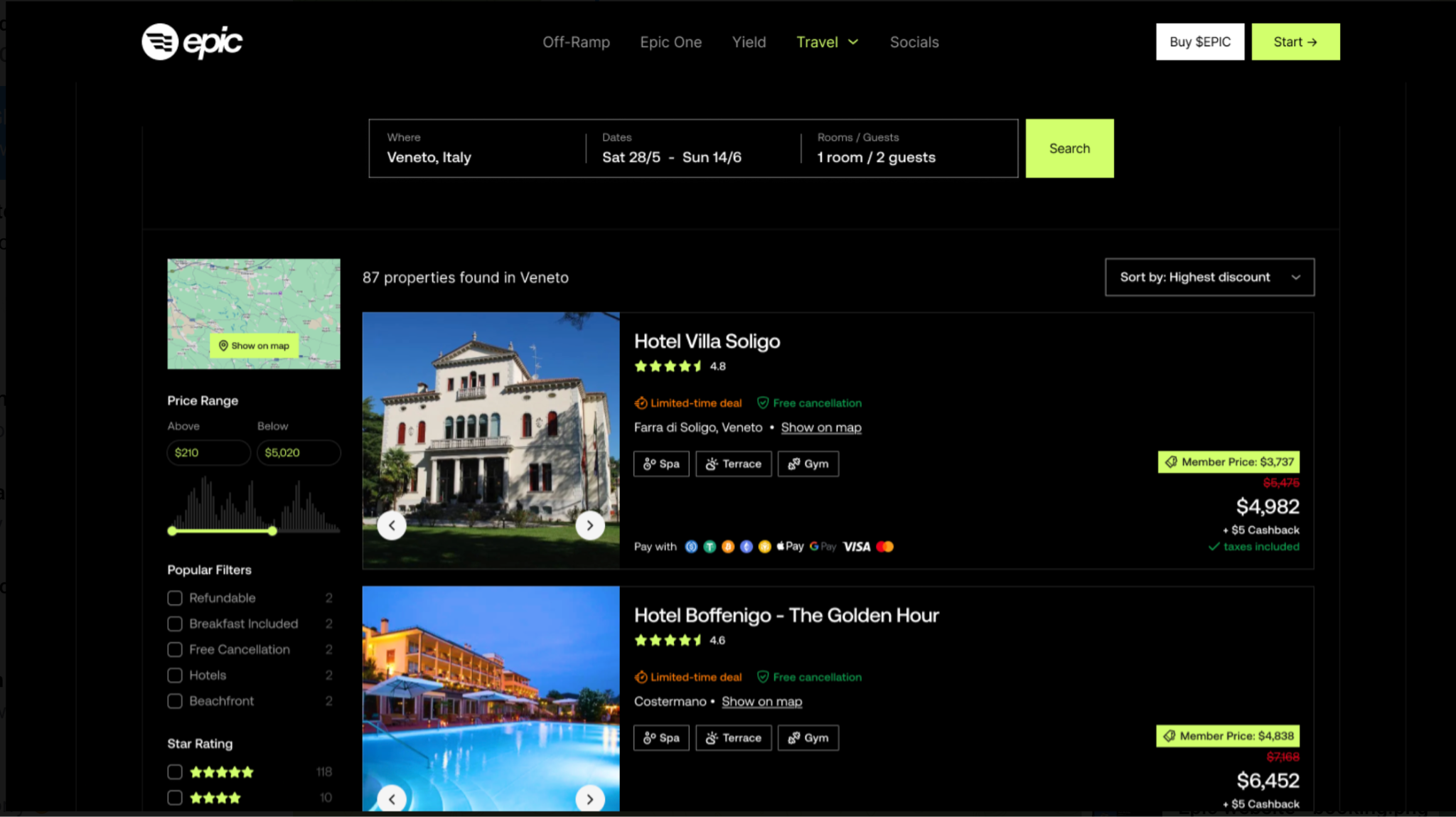 Epic travel platform hotel search interface