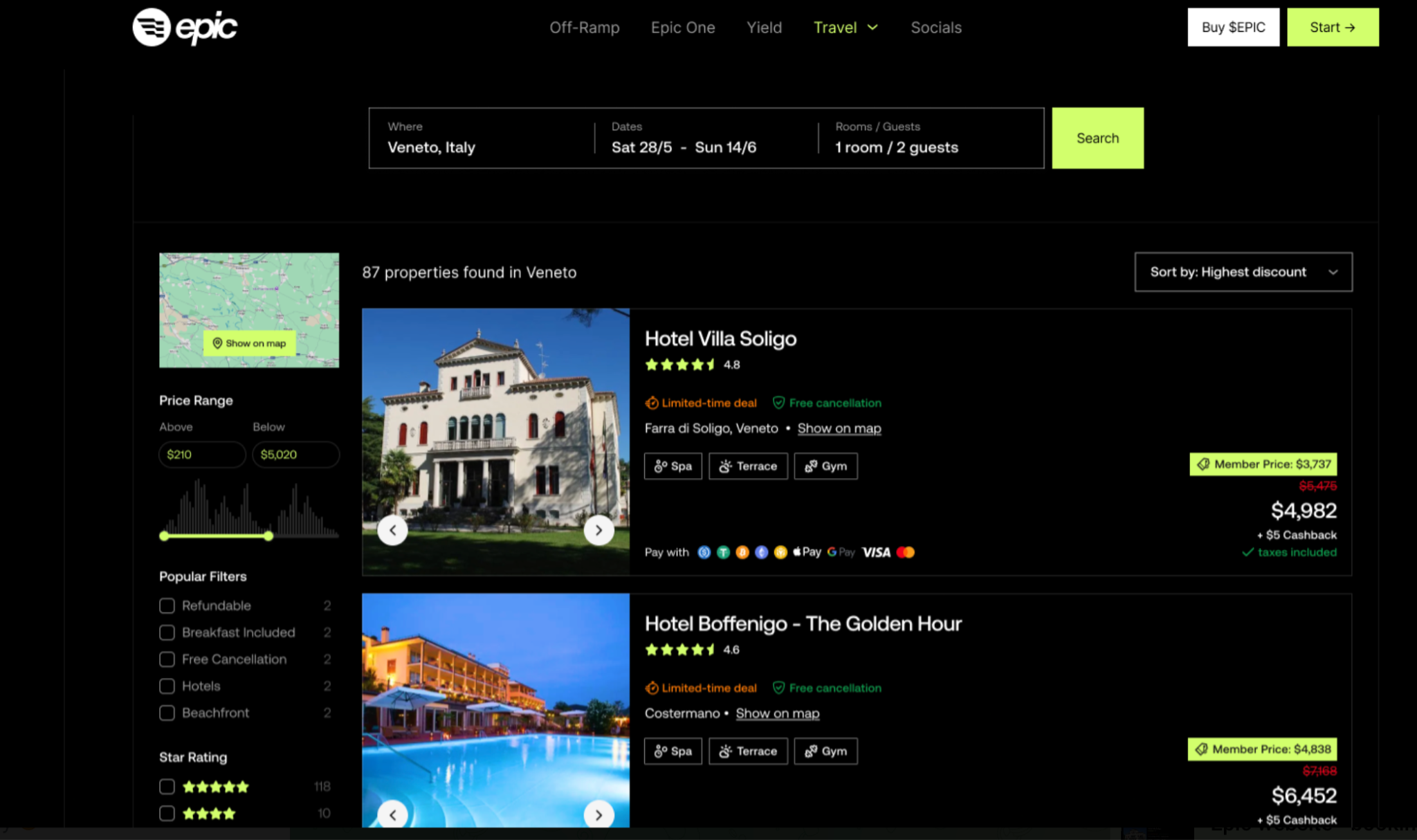 Epic travel platform hotel search interface