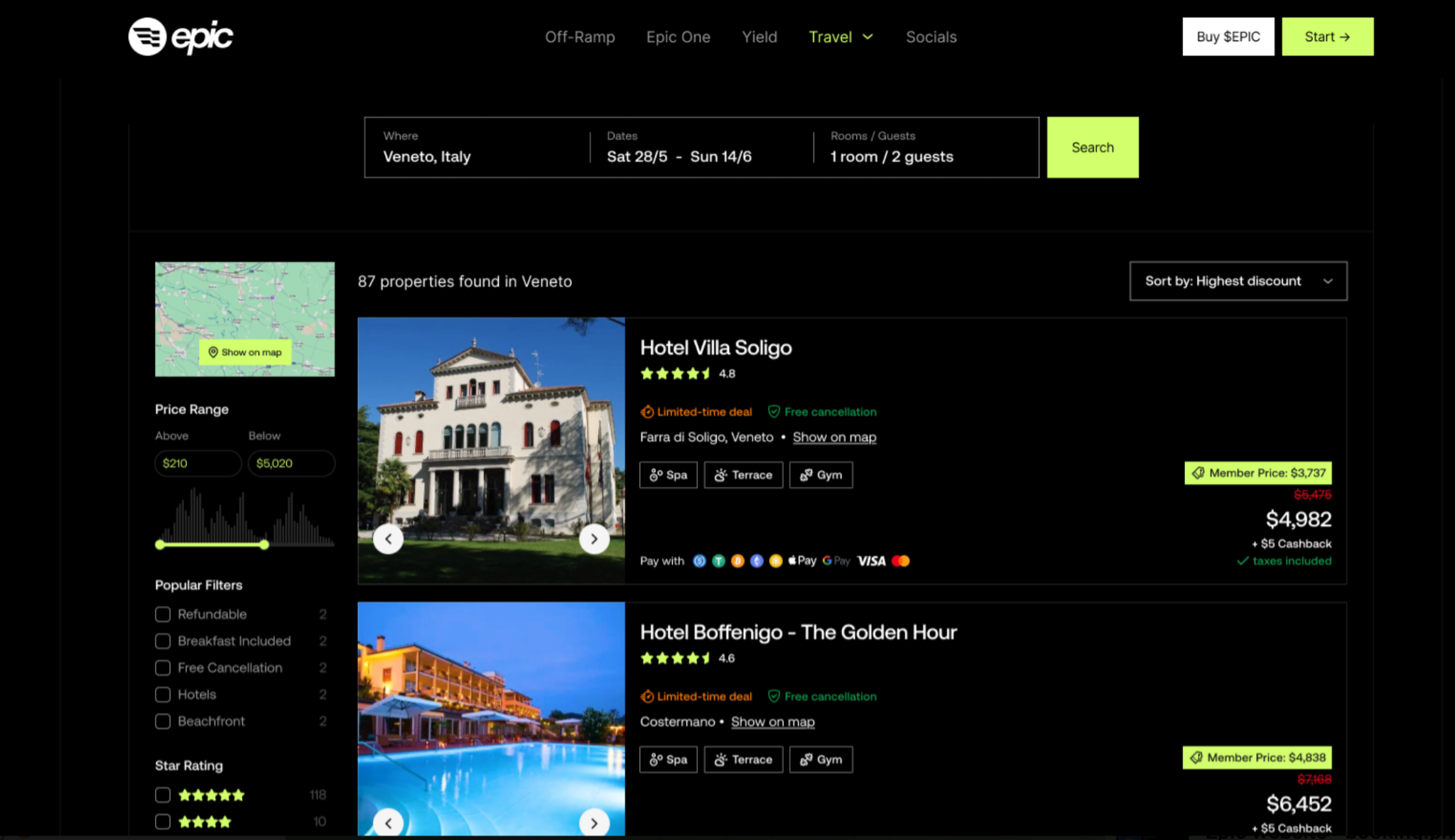 Epic travel platform hotel search interface