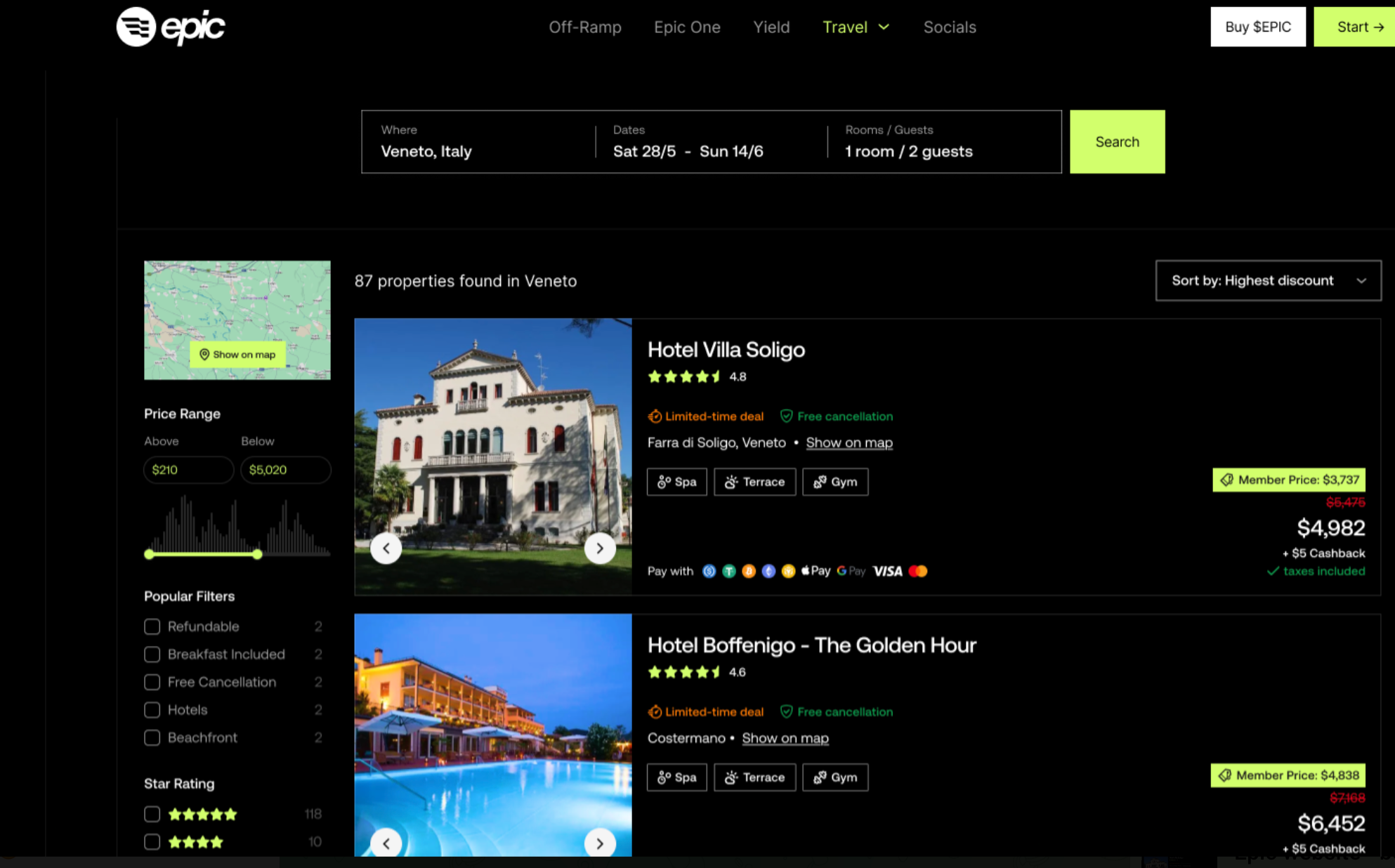 Epic travel platform hotel search interface