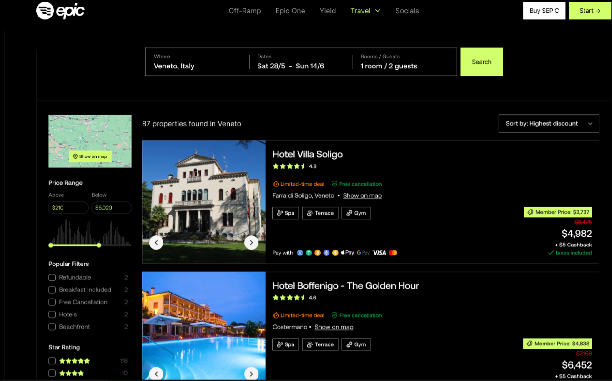 Epic's travel platform hotel search interface