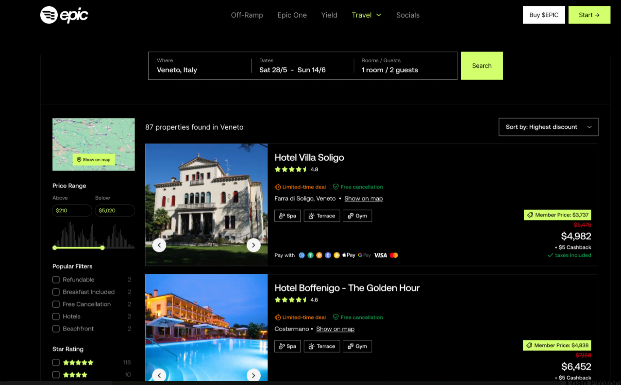 Epic travel platform hotel search interface