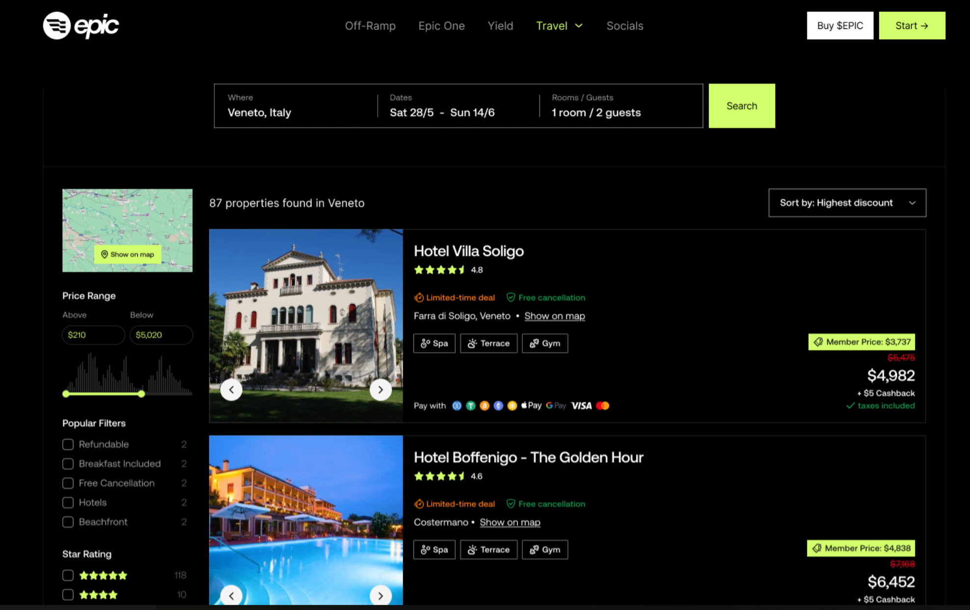 Epic travel platform hotel search interface
