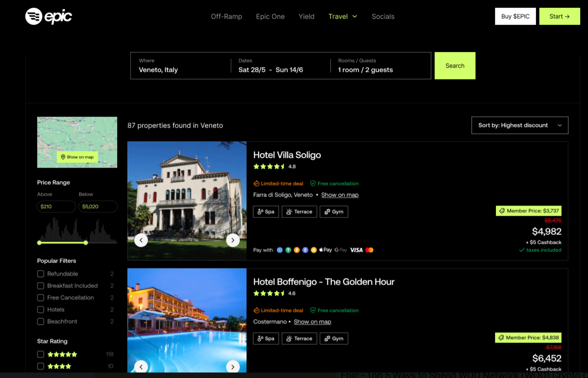 Epic travel platform hotel search interface