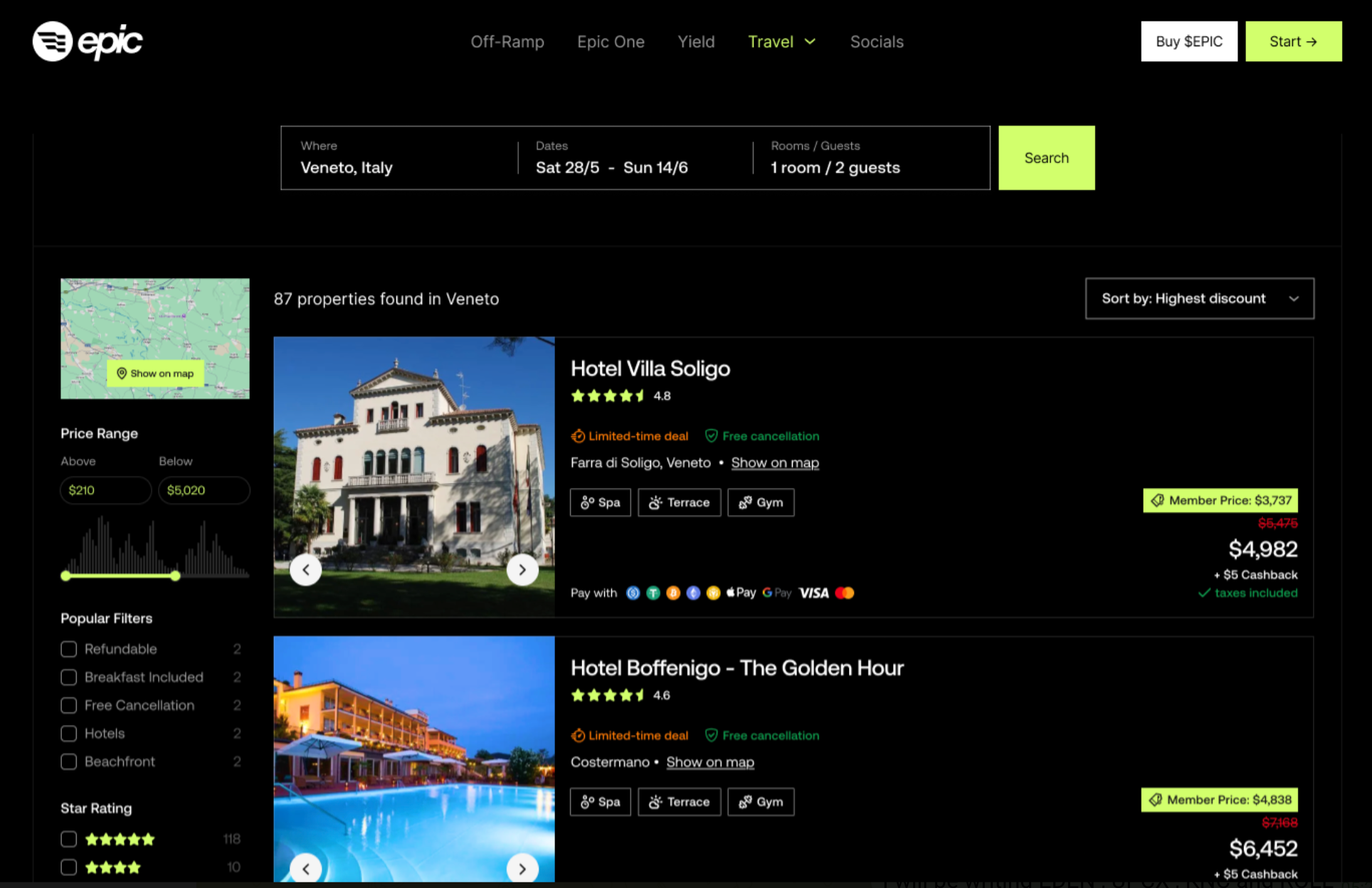 Epic travel platform hotel search interface