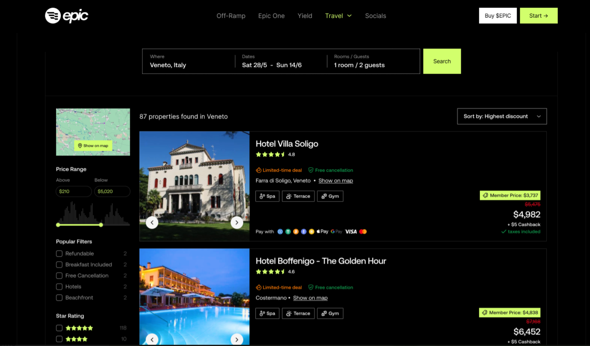 Epic travel platform hotel search interface