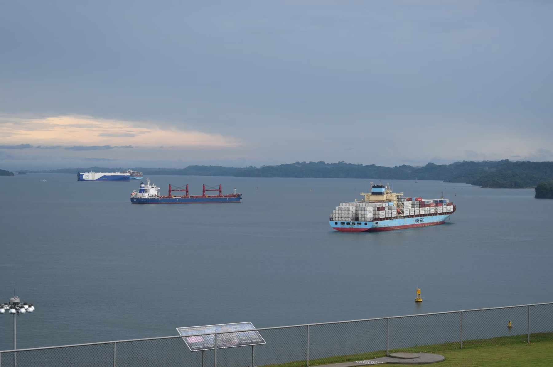 Container and cargo ships crossing Gatun Lake, Panama Canal
