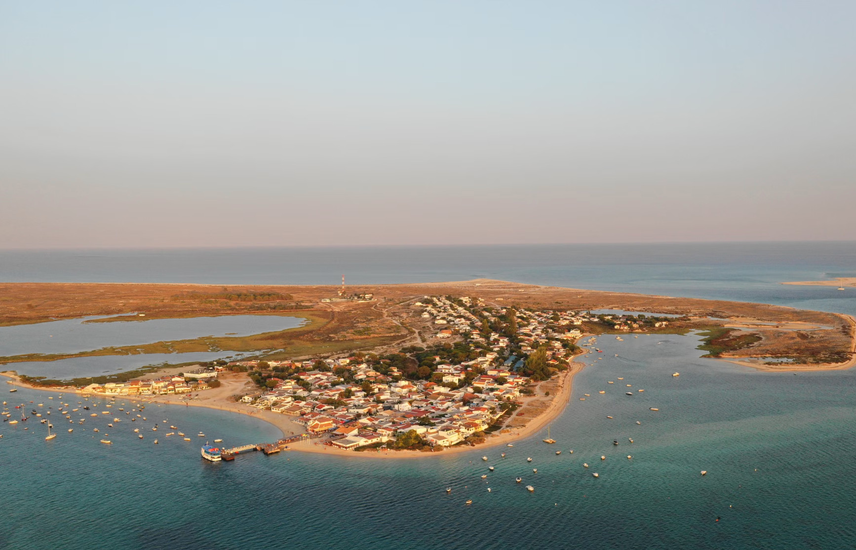 Aerial view of island village in Ria Formosa lagoon, Algarve