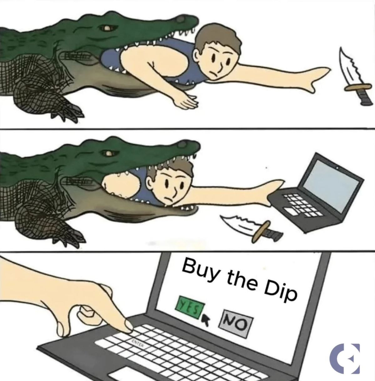 Ignore the crocodile, there's a dip (crypto meme)