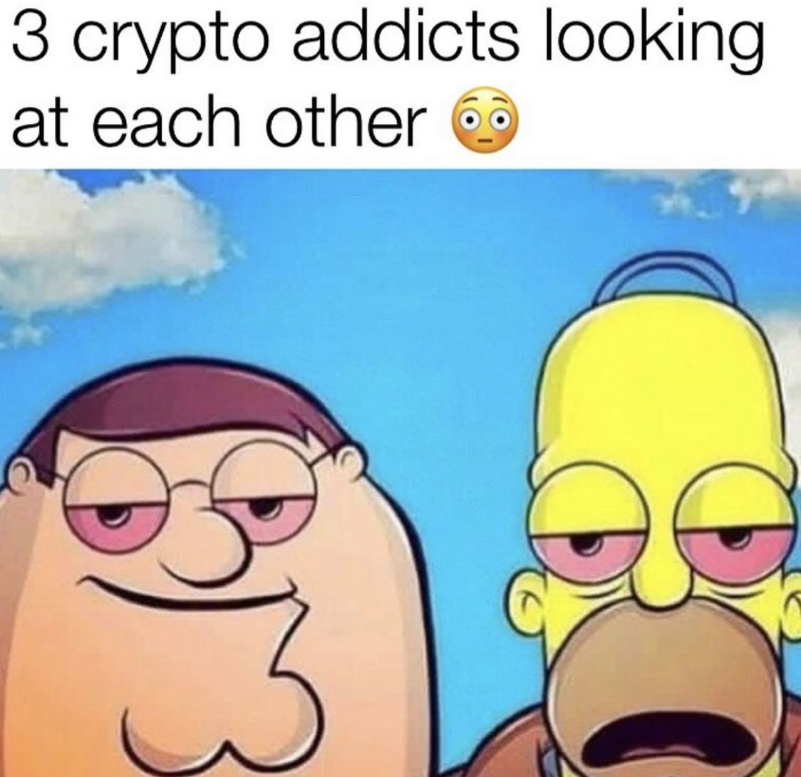 Three degens recognizing each other (crypto meme)