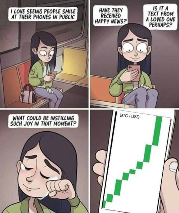 Crying at a green candle in public (crypto meme)