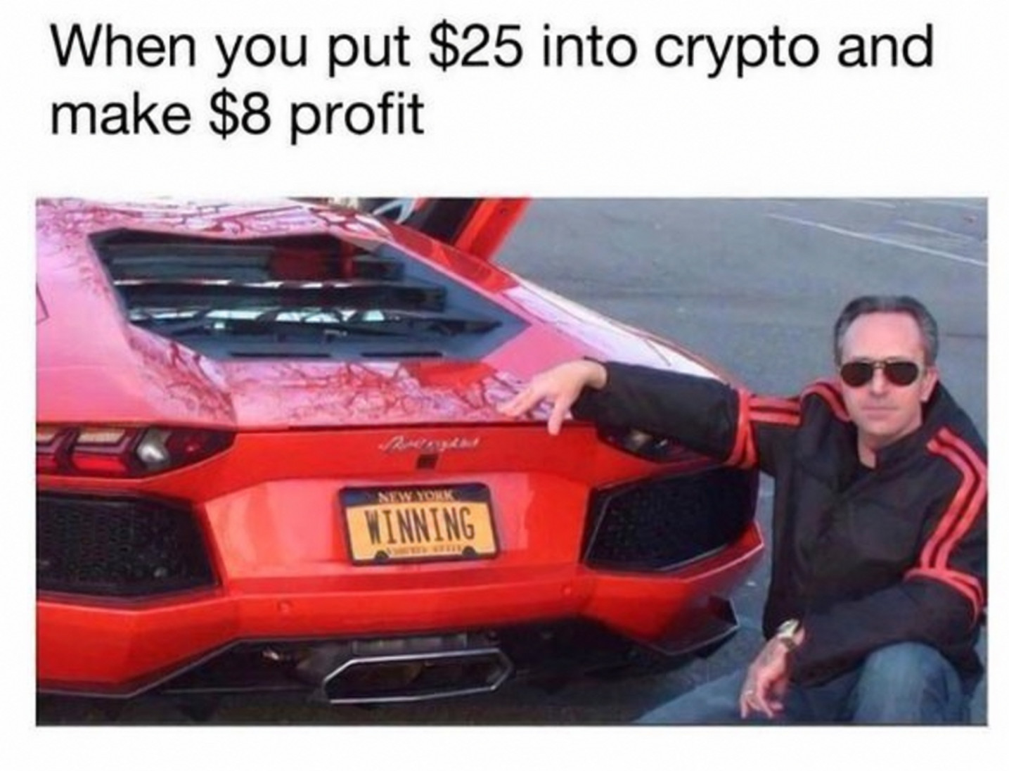 $25 in, $8 profit, book the Lambo (crypto meme)