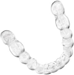 Transparent clear dental aligner curved into a U shape.