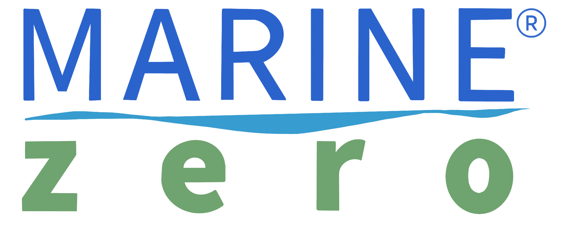 Marine Zero Logo with the word MARINE in blue and zero in green separated by a blue wave line.