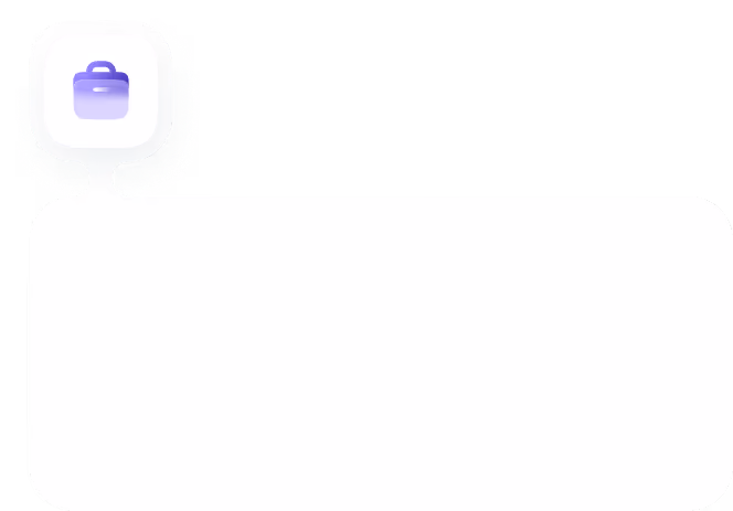 Purple briefcase icon above a large blank white rectangular speech bubble on black background.