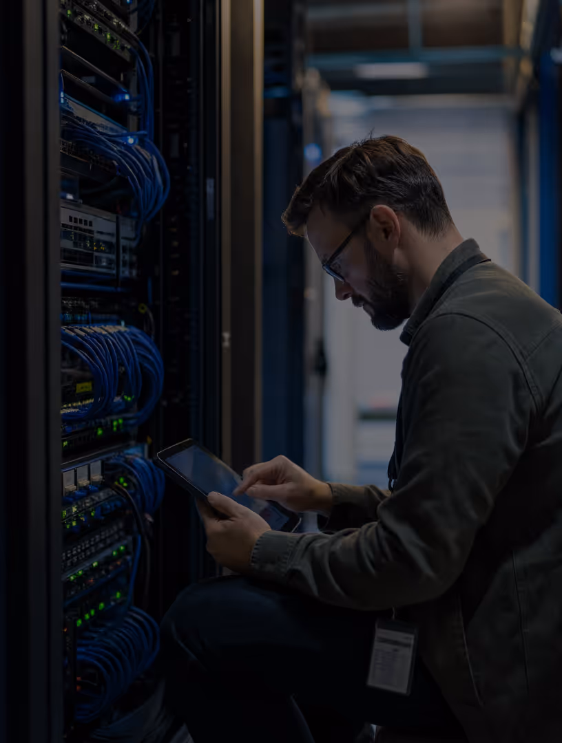 Man with glasses using tablet while working on server rack with blue cables in data center.