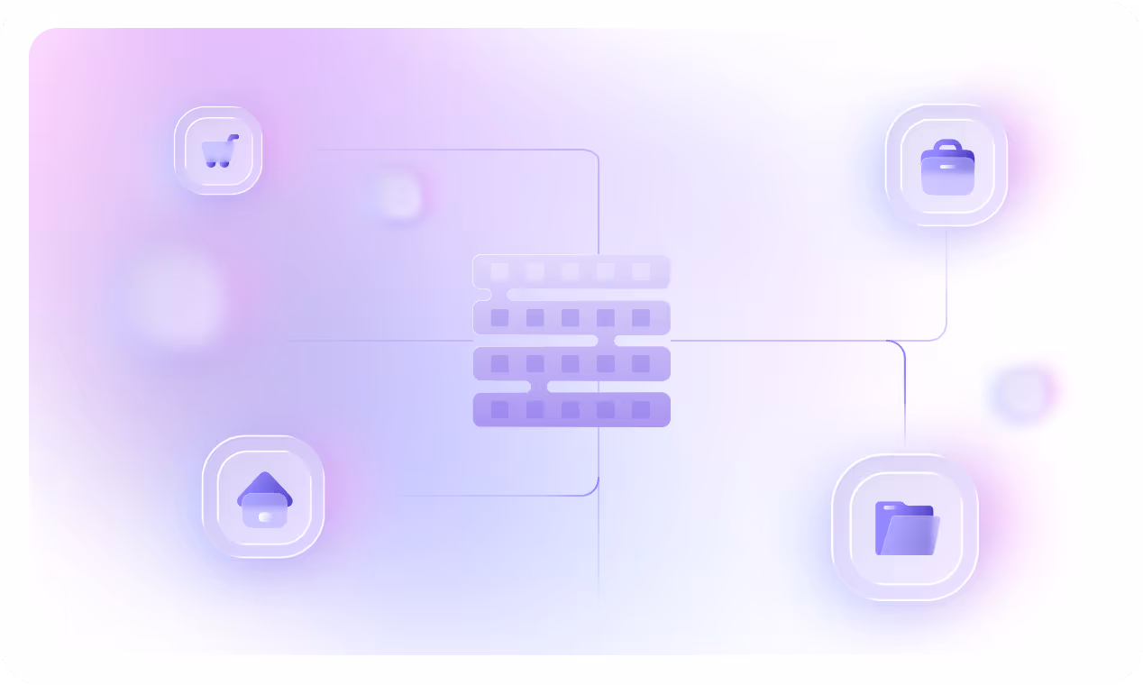 Purple network diagram with icons for shopping cart, house, briefcase, and folder connected to central blocks.