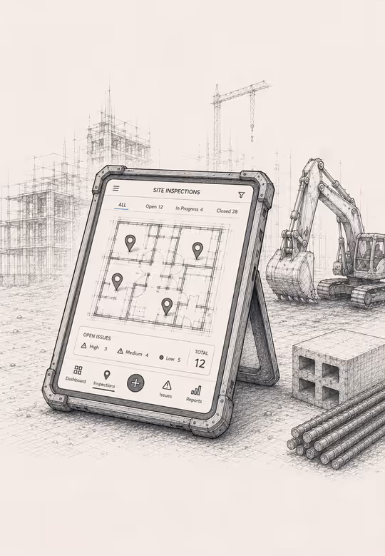 Illustration of a tablet kiosk on a stand displaying a site floor plan, with construction machinery visible in the background