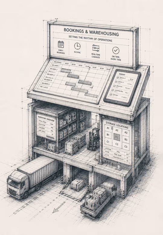 Hand-drawn sketch of a warehouse facility with a delivery truck and storage shelving, representing on-site logistics and materials management