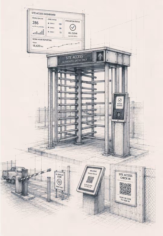 Sketch of a full-height turnstile gate and access control barrier at a construction site entrance