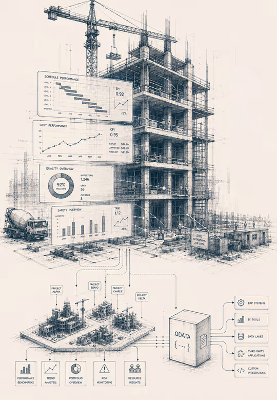 Hand-drawn sketch of a construction site with cranes and a building under construction, overlaid with project charts and data dashboards
