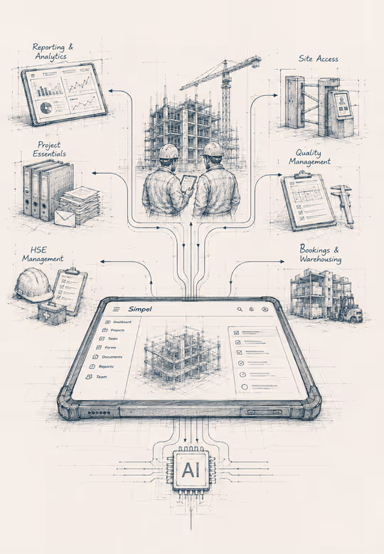Illustrated top-down view of a tablet device surrounded by construction documents, plans, and project management icons