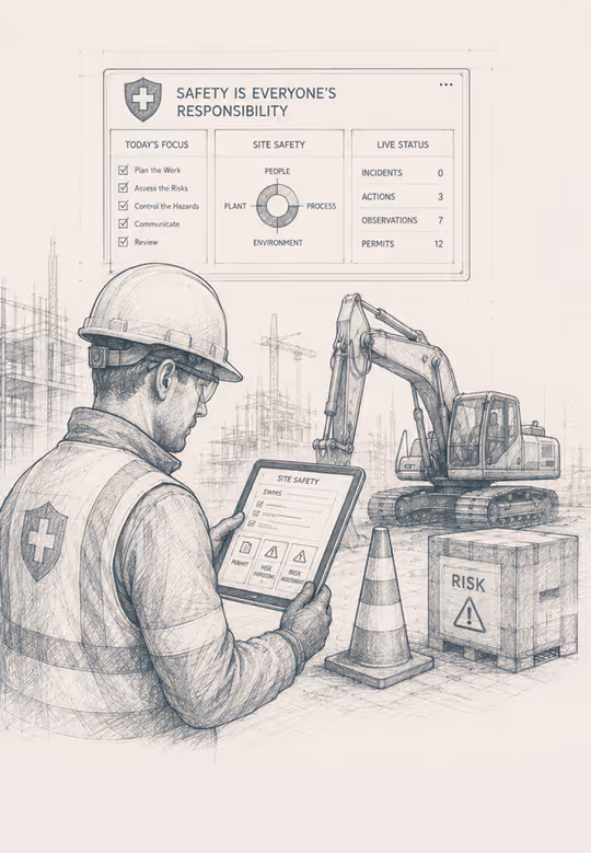 Illustration of a construction worker wearing a hard hat and reviewing a tablet on a job site