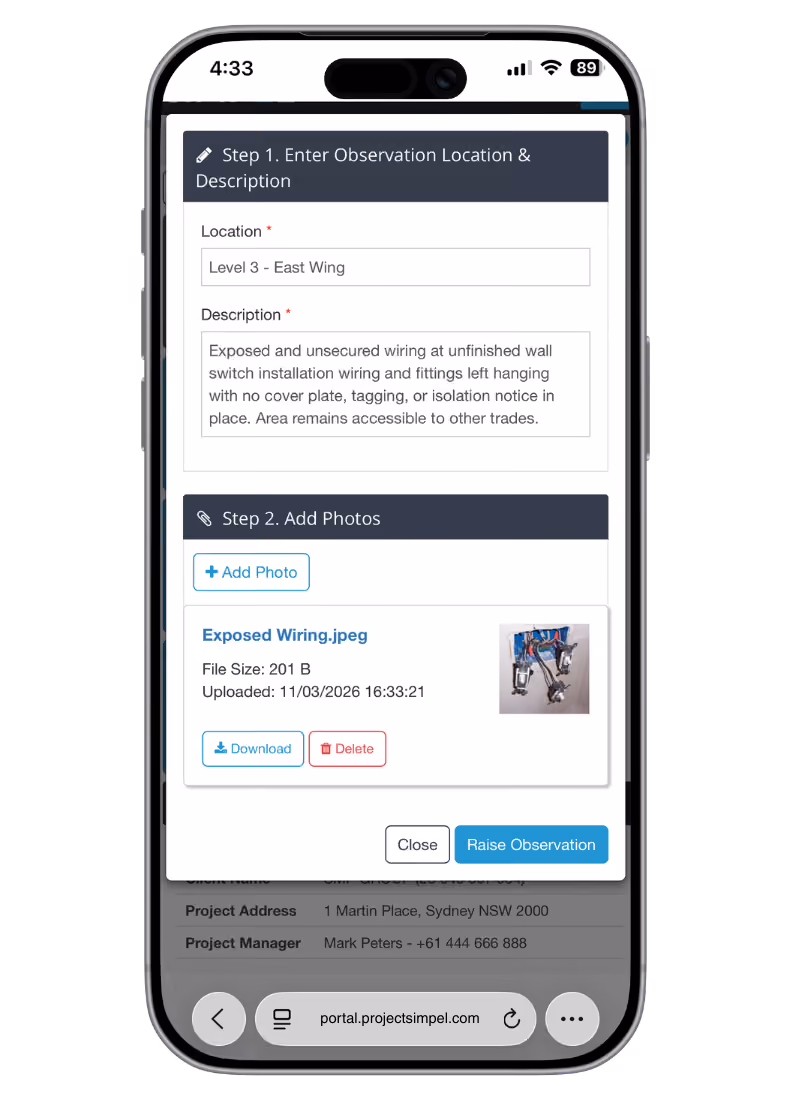 SIMPEL mobile observation form showing location, hazard description, and photo upload for construction site safety reporting.