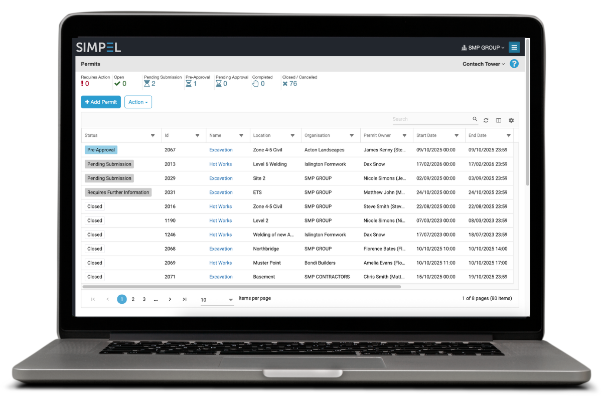 SIMPEL’s digital permits module dashboard showing live permit statuses, approvals, and tracking tools that improve visibility and help manage construction permit cost.