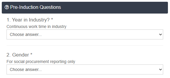 Screenshot of social procurement questions for construction site inductions in Simpel