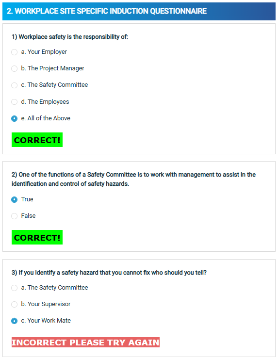 Screenshot of correct and incorrect answers in a Simpel construction site induction questionnaire