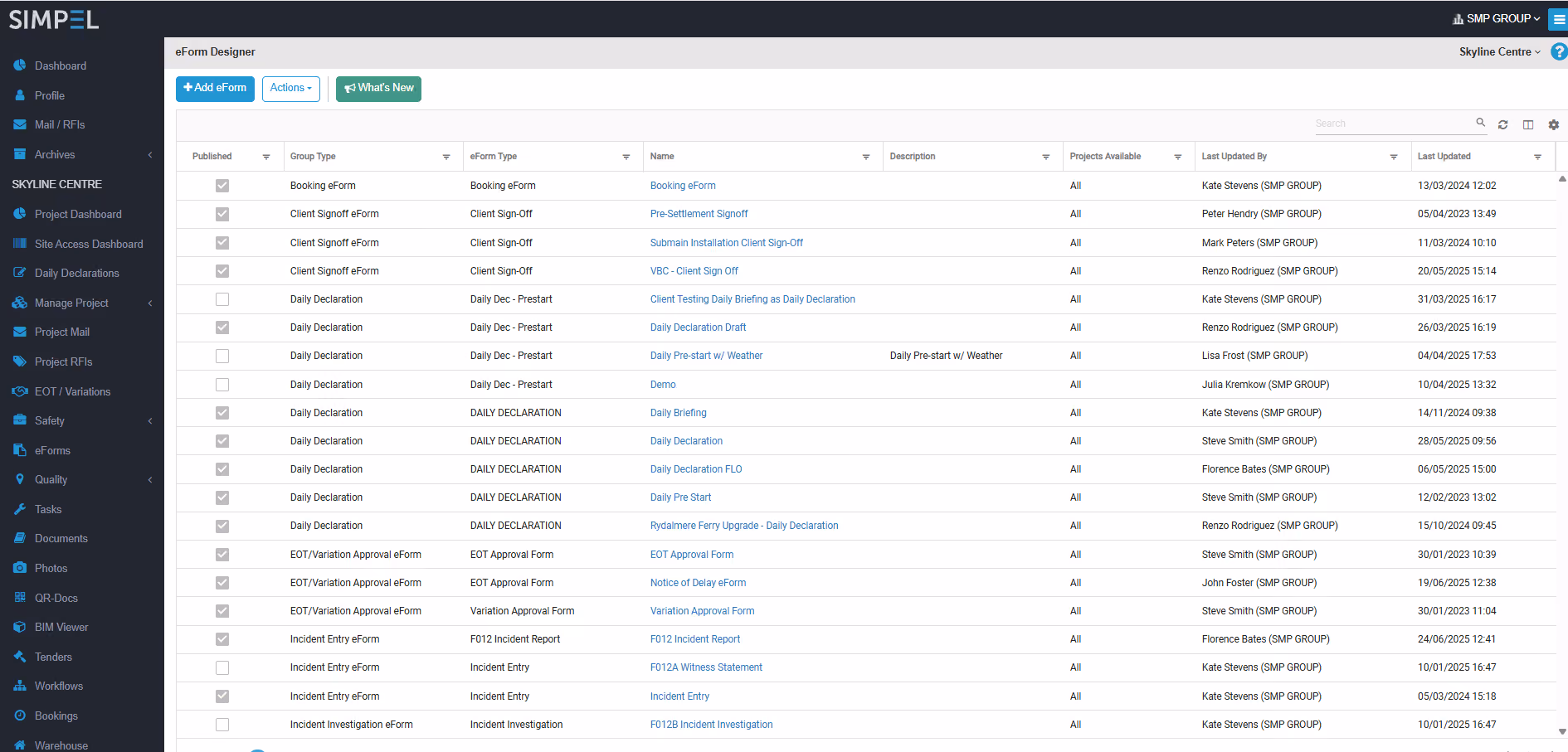Screenshot of Simpel's eForms Index Page showing the new audit path